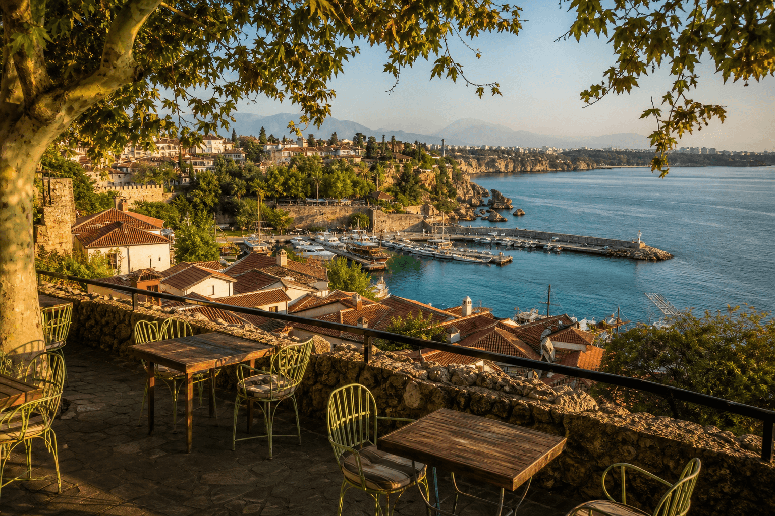 Tea garden route in Antalya: sea, plane tree, and cliffs